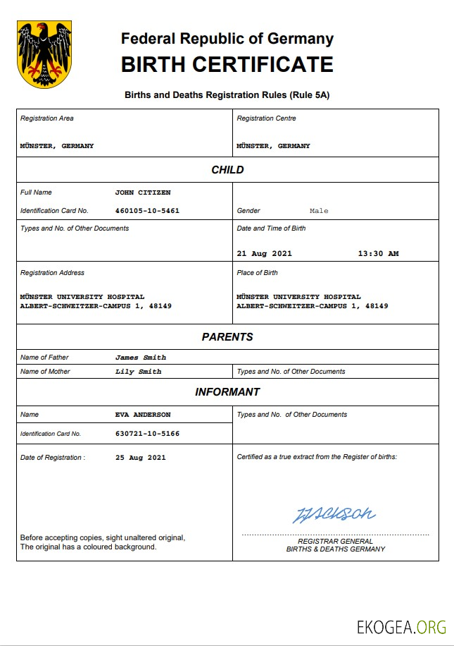 Modèle Word et PDF d'acte de naissance en Allemagne